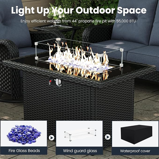 10 Pieces Outdoor Patio Furniture Sets with Rocking Swivel Chairs with 6-inch Thick Cushion and Fire Pit Table for Deck Lawn