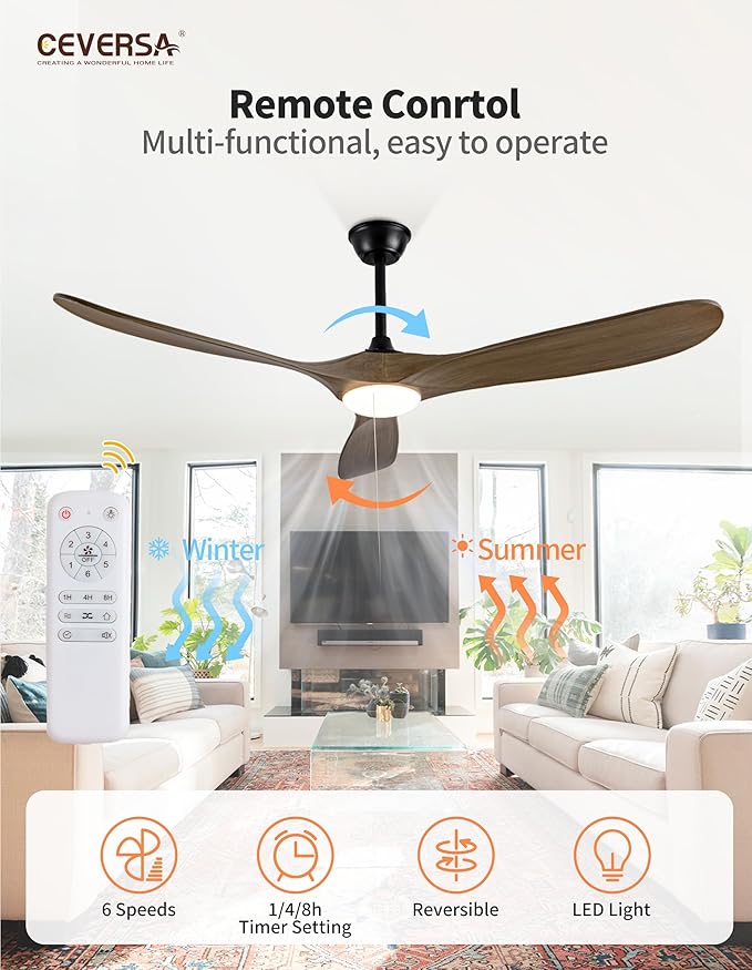 60 Inch Outdoor Ceiling Fans with Lights and Remote, 3 Blades Wood Propeller Rustic Grey Ceiling Fans, Quiet Noiseless DC Motor, for Farmhouse,Living Room,Bedroom,Indoor