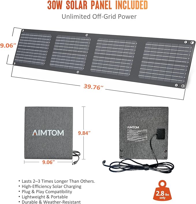 AIMTOM 155Wh Portable Power Station with 30W Solar Panel – 150W Peak/110V AC, 18W USB-C, 2x USB-A & 12V DC – Solar Generator for Camping, Home, RV, Travel & Emergencies