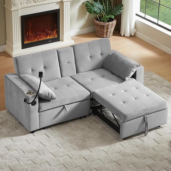 70" Queen Size Sofa Bed for Living Room – Pull-Out Sleeper Sofa Couch with Cup Holder, Phone Holder, USB Charging Port, Solid Wood Frame, Easy Assembly, Space-Saving Design for Small Apartments