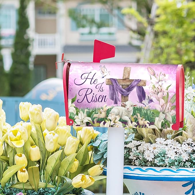 He is Risen Cross Christian Mailbox Cover Magnetic Large Size 25.5x21 Inch Spring Easter Letter Box Wrap Religious Lily Floral Sunrise Lamb decorative Dust-Proof Letterbox Covers for Home Garden Yard