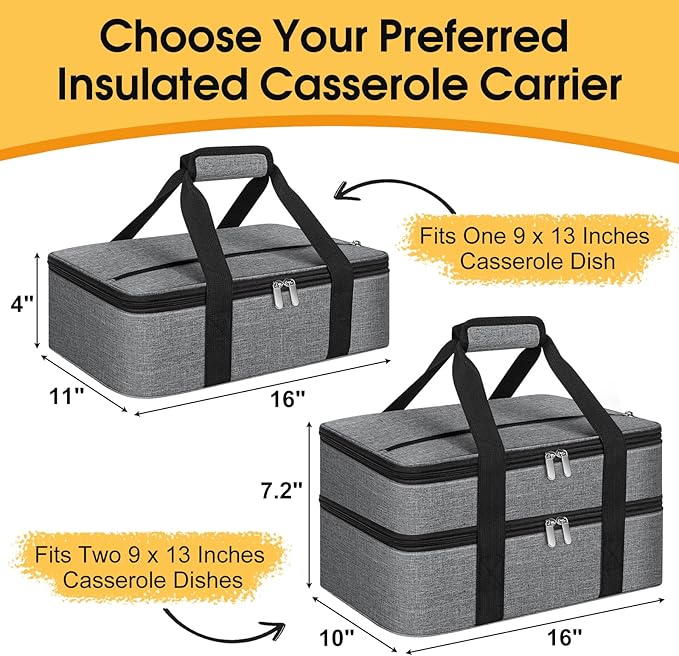 Insulated Casserole Carrier, Portable Casserole Carrier for Hot or Cold Food Lunch Tote Warmer or Cooler Bag, Lasagna Lunch Bag for Potluck Parties- Fits 9" x 13" Baking Dish-Charcoal Grey