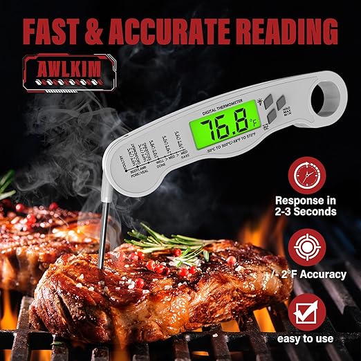 AWLKIM® Meat Thermometer Digital - Fast Instant Read Food Thermometer for Cooking, Candy Making, Outside Grill, IP67 Waterproof Kitchen Thermometer with Backlight, Stocking Stuffers for Men - White