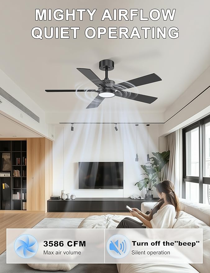 Ohniyou 48'' Ceiling Fans with Lights and Remote, 6 Speeds, 3 Colors & Dimmable LED Light, Quiet DC Motor Black Ceiling Fan for Bedroom Living Room