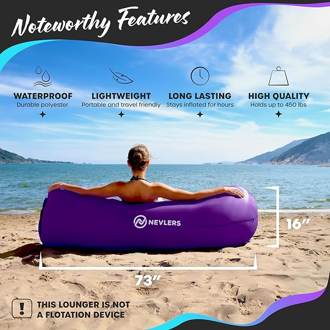 Nevlers Inflatable Lounger | 210T Polyester Inflatable Chair | No-Pump Blow Up Couch | Camping Couch Air Sofa Bed w/ 450 lbs. Cap., Pockets & Matching Bag | Use as Inflatable Couch for Adults & Kids