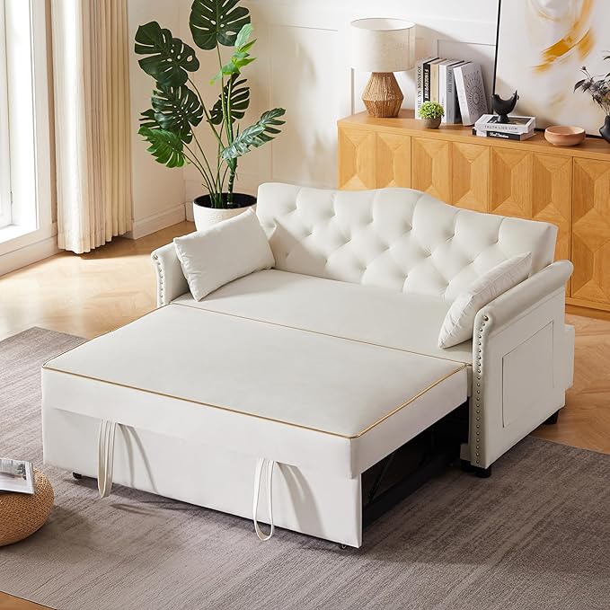 57" Velvet Pull-Out Sofa Bed, 3-in-1 Convertible Loveseat with Gold Trim Strips and Adjustable Backrest, Perfect for Living Rooms, Offices and Apartments (Beige)