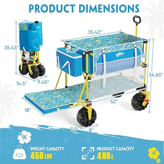 400L Collapsible Double Decker Beach Wagon with Cooler Bag, 450LBS Heavy Duty Folding Beach Cart with 54" Extra-Long Tailgate, All-Terrain Big Wheels with Brakes for Outdoor, Camping, Sports, Shopping