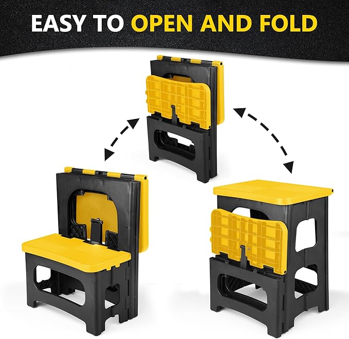 Folding 2-Step Stool, Non-Slip Portable Footstool 8" & 17" Dual Heights, Holds 250 lbs, Portable Footstool for Kitchen Home Toilet Bedroom Office Bathroom RV(Yellow)