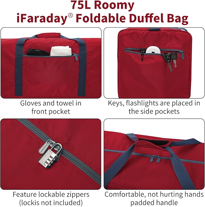 Foldable Duffle Bag 30 inch 75L Large Lightweight Luggage Bag for Travel Camping Storage-Red