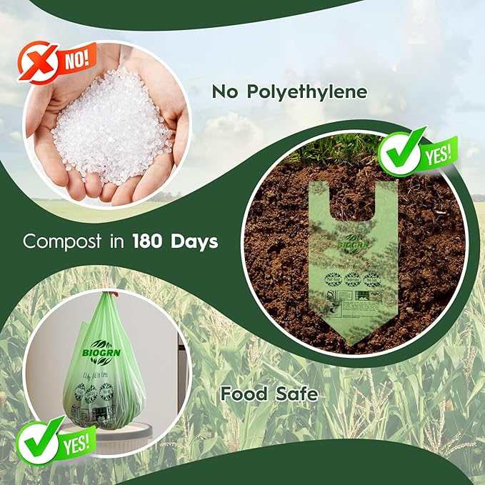 Compostable Trash Bags 1.2-1.6 Gallon with Handles 50 Count 0.6 Mil 6.06 Liter Heavy Duty Small Kitchen Food Scrap Waste Compost Bags for Countertop Bin ASTM D6400 & BPI Certified, OK Compost Home