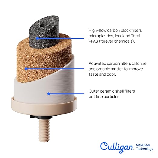 Culligan with MaxClear Technology 3 Gallon Gravity Water Filter System, Polished Countertop Ceramic Water Filter NSF/ANSI Certified to Reduce Lead, Microplastics & Total PFAS, with 1 Filter