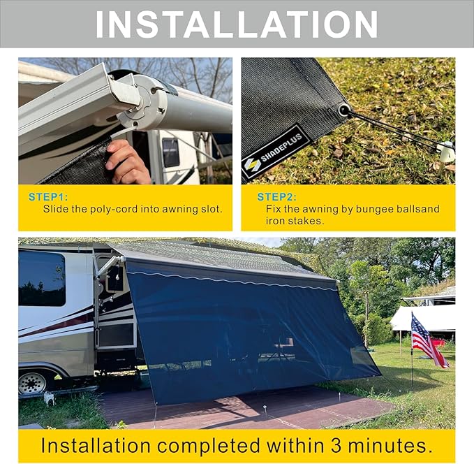 RV Awning Sun Shade Screen 8'x9'3''(Fit for 10' Awning),Black Mesh Shade Screen Without Zipper,Universal Trailer Camper Awning Screen with Complete Kit,Improves Shadow and Privacy