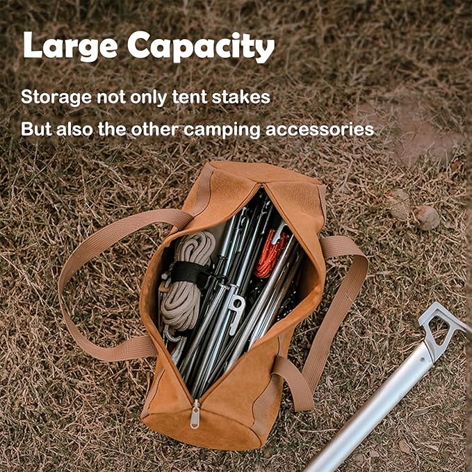 Tent Stakes Bag, Double Layer Tent Pole Pegs Storage Bag, Camping Accessories Large-Capacity Canvas Tool Bag with Zipper for Man Camping, Hiking (40cm Green)