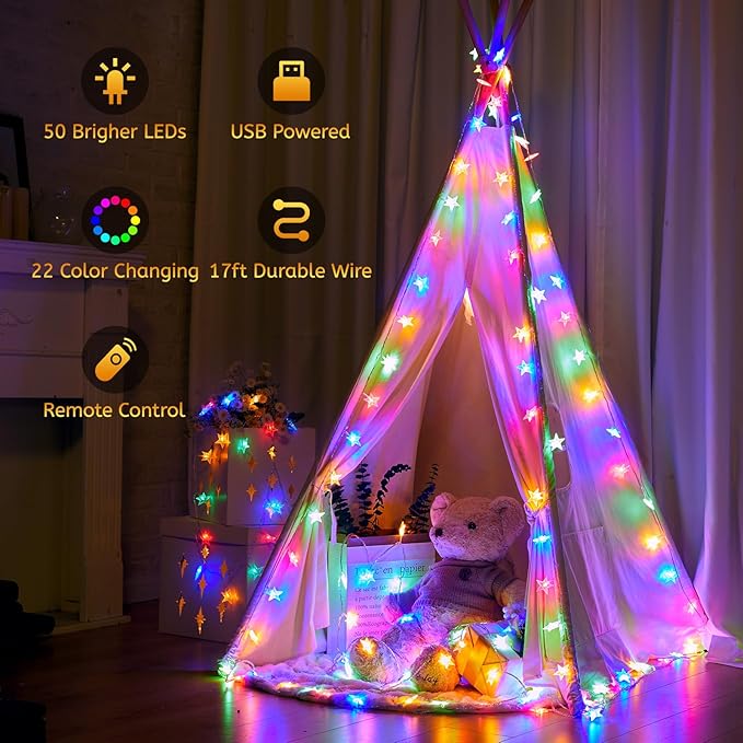 Minetom Color Changing Star String Lights - 17 ft 50 LED Star Fairy Lights with Remote and Timer, 16 Colors and 7 Modes, USB Powered String Lights for Bedroom Tent Patio Xmas Party Indoor Decor