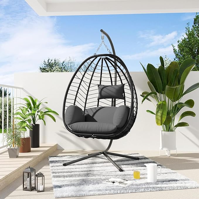 Hanging Egg Chair with Stand, Outdoor Indoor Egg Swing Chair with Cushion Headrest for Patio, Porch, Balcony, Bedroom, 350LBS Capacity (Black)