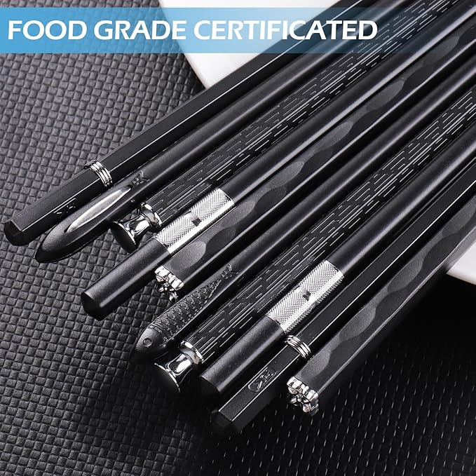 GLAMFIELDS 5 Pairs Premium Chopsticks Reusable Dishwasher Safe 9.5 Inch Fiberglass Chop Sticks Gift Set Non Slip Black + Silver