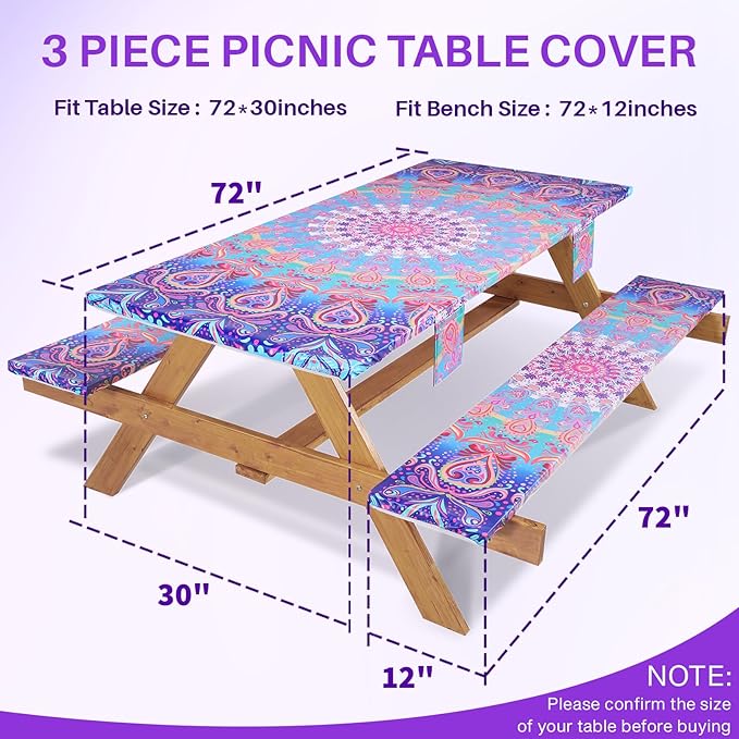 72x30 Picnic Table Cover with Bench Covers Reusable Polyester Camping Tablecloths for Outdoors Camp Trailer Stuff Traveling Road Trip Necessities Retirement Boho Summer Fall Party Decorations