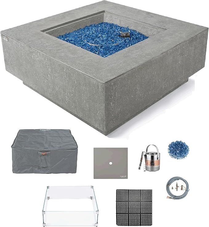 Elementi+ | Bundle Victoria Gas Fire Pit Cast Concrete 40" Square Fire Table, Outdoor Fire Pit Electronic Ignition | Canvas Cover, Fire Glass and Burner Lid Included | Light Gray | Natural Gas