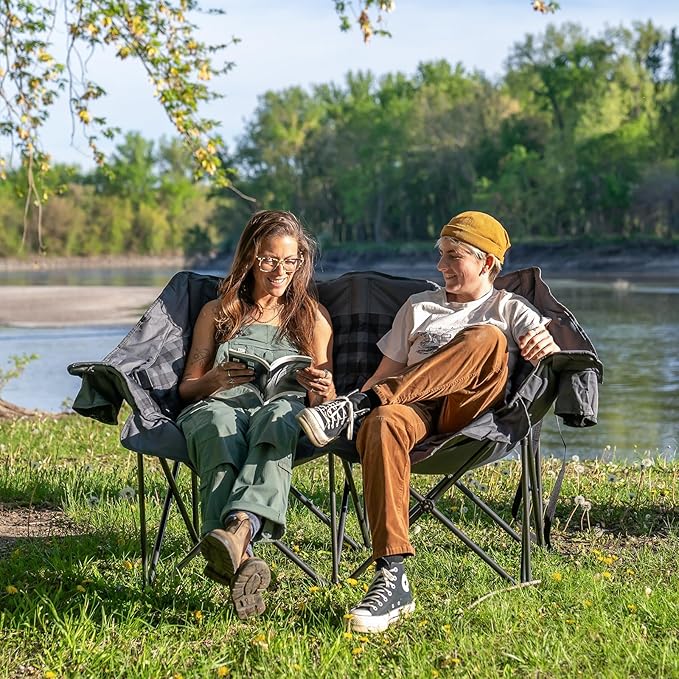 Double Camping Chairs Padded Loveseat Chair for 2 Person - Heavy Duty Oversized Camping Couch for Adults Outdoor Lawn Beach - Portable Folding Sofa with Cup Holders and Carry Bag, Grey