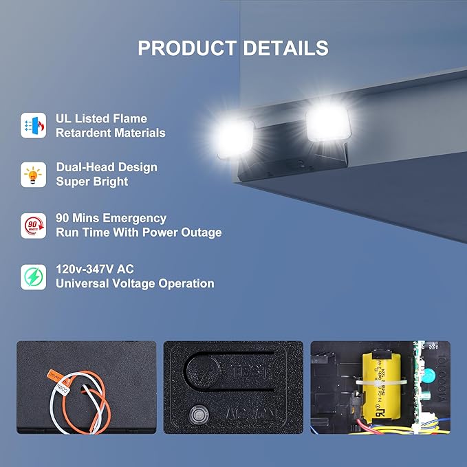 Qllite LED Emergency Light with Battery Backup, LED Commercial Emergency Lighting Fixtures Two Heads Adjustable, UL Listed, AC 120-347V, Energy Efficient for Business Schools Hospitals, Square Black