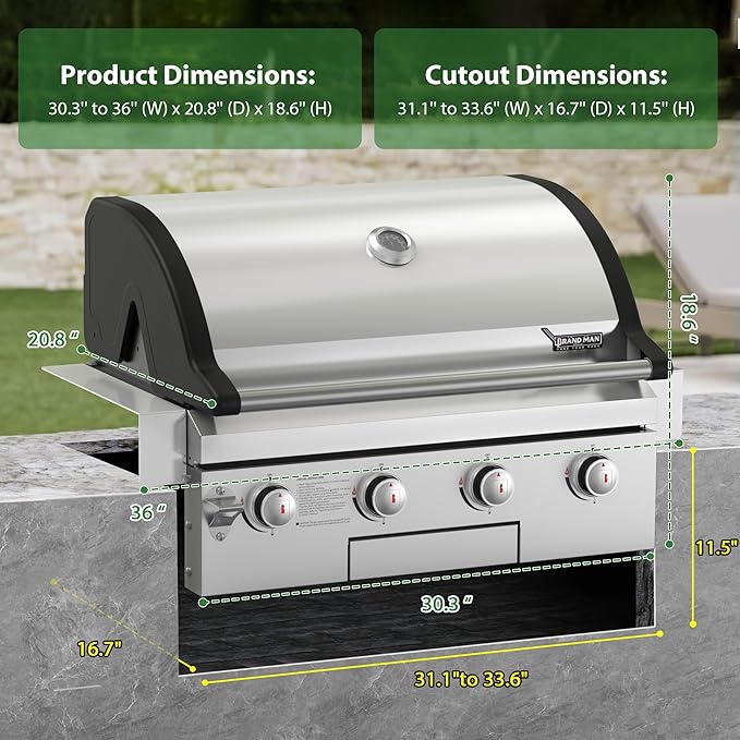 Brand-Man Gas Grill Built-In Head, 30-Inch 4-Burner Propane Grill, Natural Gas Convertible, Heavy Duty 304 Stainless Steel 40,000BTUs BBQ Island Outdoor Kitchen