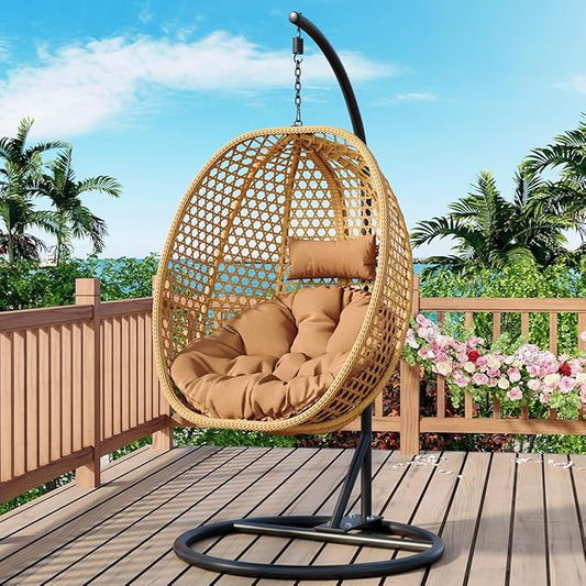 JUFU Egg Swing Chair Indoor Outdoor, Hanging Egg Chair with Aluminum Steel Frame, Patio Egg Chair with Removable Cushions, 350 lbs Capacity