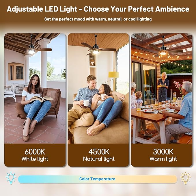 42" Waterproof Outdoor Ceiling Fans with Lights and Remote, Plug In Ceiling Fan for Gazebo and Patio, IP65 Wet Rated Smart Fan, Hanging Fan with Dimmable LED Light and App Control, Brown