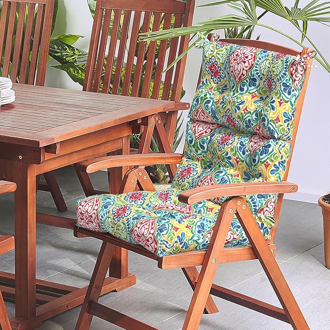 LVTXIII Outdoor Seat/Back Chair Cushion Patio Tufted High Back Cushion, Seasonal Replacement Rocking Chair Cushion with Ties, 22” W x 20D”, Set of 2, Damask Red