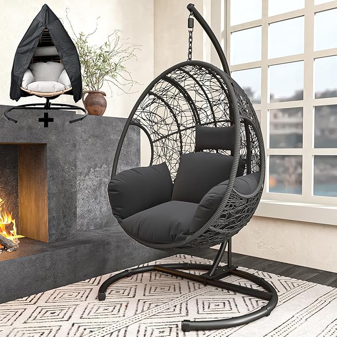 Oversized Hanging Egg Chair Outdoor Wicker Swing Chair with Stand Rain Cover UV Resistant Cushion 400lbs Capacity for Patio, Garden and Balcony