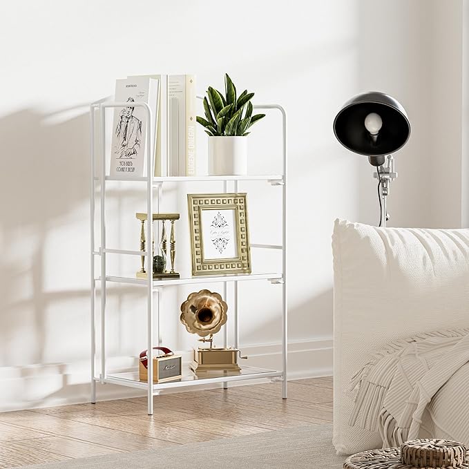 Crofy No Assembly Folding Bookshelf for Living Room, 3 Tier White Collapsible Book Shelf for Home Office, Portable Bookcase Storage Organizer