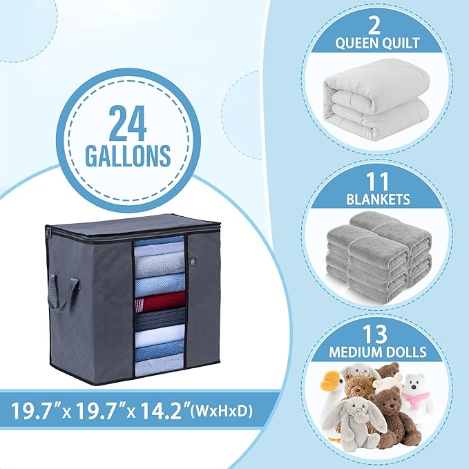VENO 3 Pack Clothes Storage Bag Organizer with Reinforced Handle Thick Fabric for Comforters, Blankets, Bedding, Foldable with Sturdy Zipper, Clear Window, Reusable (Tall 24 Gallon)