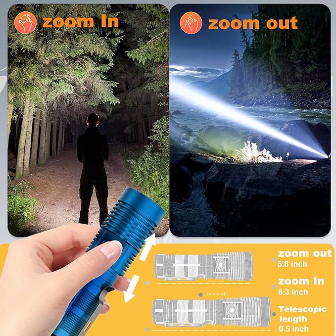 Small Tactical Flashlights High Lumens - 1500 Meters Long Beam Super Bright LED Magnetic Flashlight USB Rechargeable Zoomable 5Modes Long Beam Spotlight Flashlight for Hiking, Camping-Blue