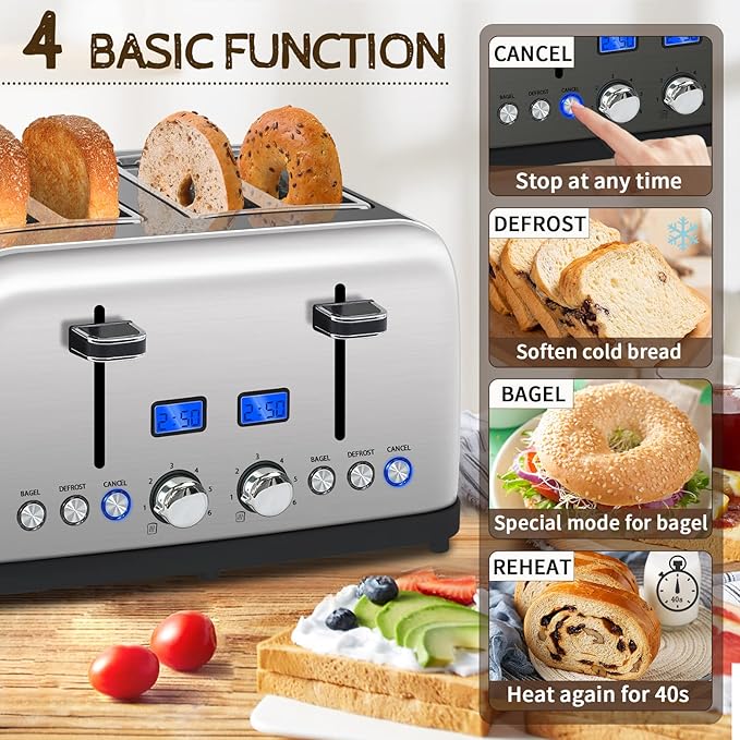 SEEDEEM Toaster 4 Slice, LCD Display, 6 Shade Settings, 1.5'' Wide Slots, Digital Stainless Toaster for Bagel, Defrost, Reheat, Dual Control, Removable Crumb Tray, 1500W, Silver Metallic