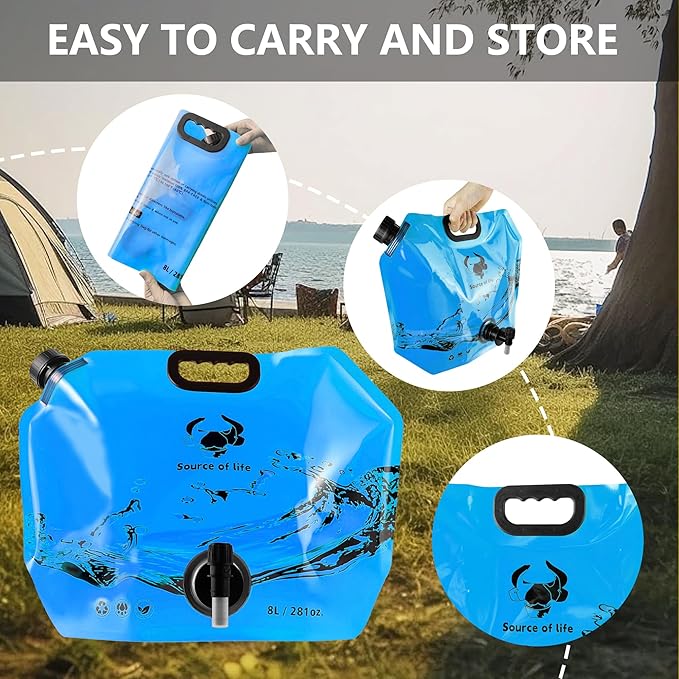 Collapsible 8L Water Storage Bag, BPA-Free Portable Folding Water Jug with Adjustable Faucet, Leakproof Emergency Water Bag for Camping, Hiking, Riding, Outdoor Sport (Blue, 1)