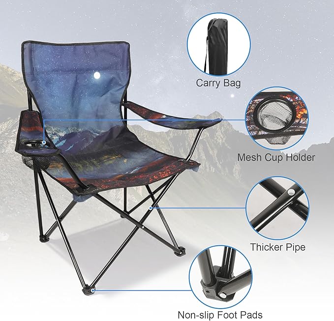 2 Pack Folding Camping Chair,Portable Lawn Chair w/Cup Holder,Carry Bag,Heavy Duty Outdoor Camp Chair for Adults,Perfect for Garden,Hiking,Picnics and Beach Trips,Moon Mountain