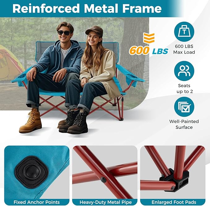 Tangkula 2 Person Oversized Camping Chair, Fully Padded Folding Loveseat Camp Chair with Adjustable Armrests, Cup Holders, Carrying Bag, Portable Double Outdoor Lawn Chair for Camping