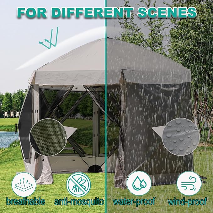 Pop Up Screen Tent, 12'x12' Windproof & UV Protection Sun Shelter, Portable Instant Setup, 6-Sided Screen Tent for Picnic, Camping, Backyard, Outdoor (Grey)