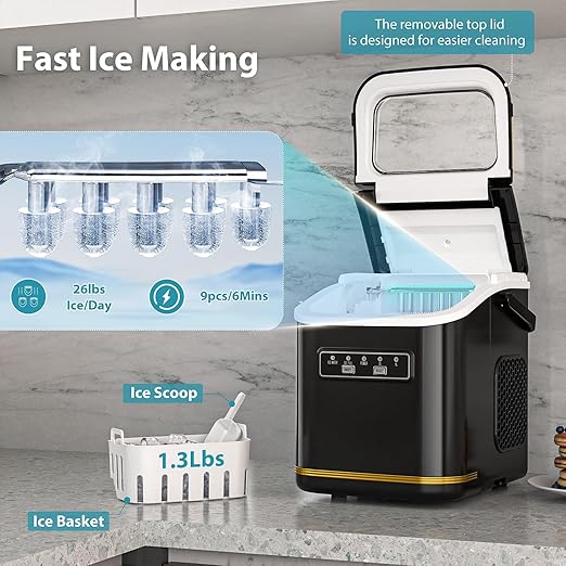 Ice Maker Machine Countertop Portable Compact Small Bullet Ice Maker with Self Cleaning,9 Cubes in 6 Mins,26lbs in 24Hrs, for Camping Dorm Home Outdoor