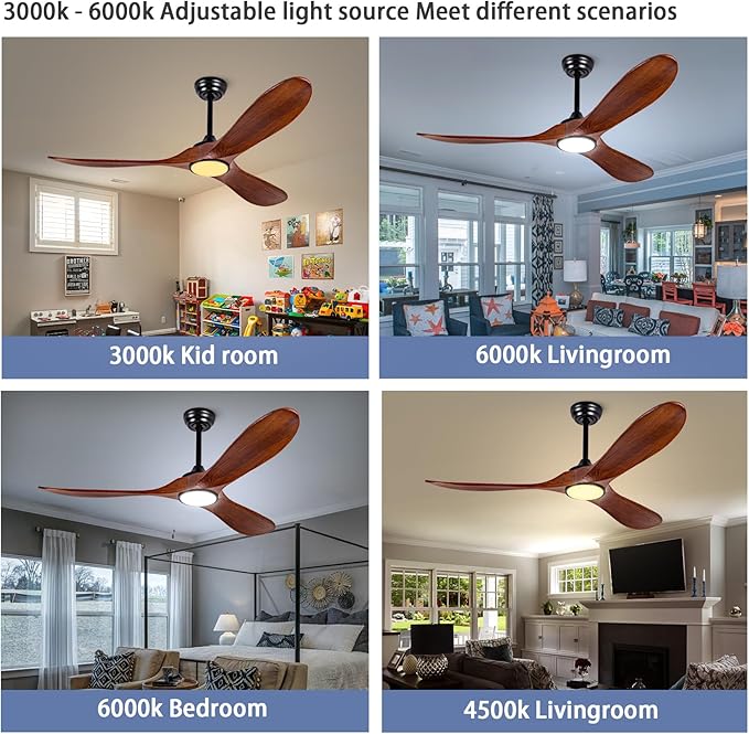 52” Ceiling Fans with Remote/Light/APP,Dimmer and Color, Wooden Ceiling Fan with 3 Wooden Blades for Patio, Living Room, Gazebo, etc. (Black + Walnut)