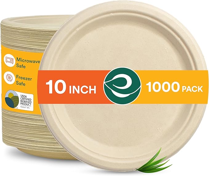 ECO SOUL 100% Compostable 10 Inch Heavy Duty Eco-friendly Bagasse Dinner Plates [1000-Pack] Disposable, Microwave Safe, Oven Compostable
