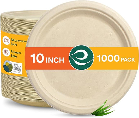 ECO SOUL 100% Compostable 10 Inch Heavy Duty Eco-friendly Bagasse Dinner Plates [1000-Pack] Disposable, Microwave Safe, Oven Compostable