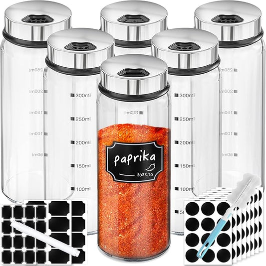 Segarty Spice Jar with Labels Set, 6 Pack 10oz Large Spice Jars with Shaker Lids, Empty Glass Spices Bottles for Salt Pepper Sugar, Seasoning Shakers with 136 Stickers, 1 Chalk Marker and 1 Brush