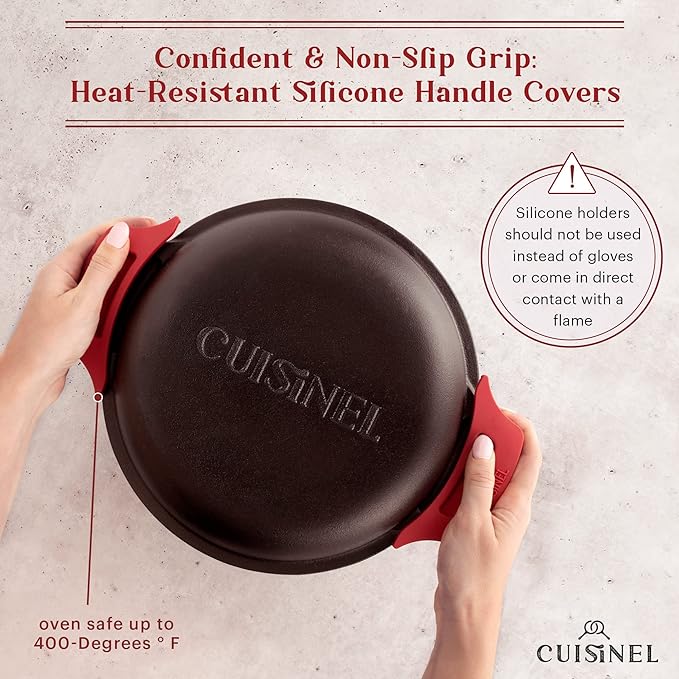 Cuisinel Cast Iron Dutch Oven - 5-Quart Deep Pot - Preseasoned 2-in-1 Multi-Cooker - Combo Lid Doubles as 10"-inch Skillet Frying Pan + Silicone Handle Covers + Scraper - Indoor/Outdoor Bread Cookware