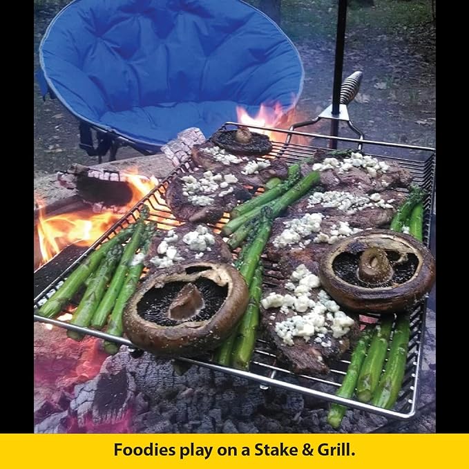 Stromberg Carlson Stake & Grill – Portable Camping Grill Grate for Outdoor Camping, Backpacking, and RV Use, Campfire Cooking Equipment for Fire Pit Cooking, Silver, 15"x22" w/ 36" Long Stake