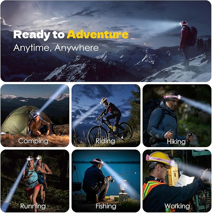 Rechargeable Headlamp, High Lumen Bright 5 LED Head Lamp with Red White Light,IPX4 Waterproof Headlight,8 Mode Head Flashlight for Outdoor Running Hunting Fishing Hiking Camping Gear-Pink
