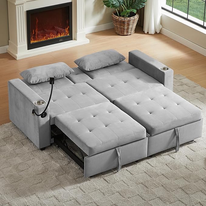 70" Queen Size Sofa Bed for Living Room – Pull-Out Sleeper Sofa Couch with Cup Holder, Phone Holder, USB Charging Port, Solid Wood Frame, Easy Assembly, Space-Saving Design for Small Apartments