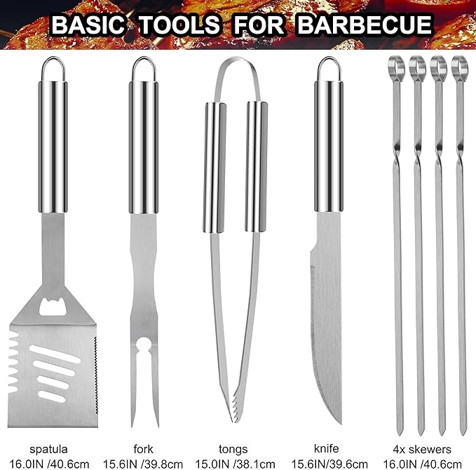 Grilljoy 24PCS BBQ Grill Tools Set with Meat Thermometer and Injector - Extra Thick Stainless Steel Fork, Spatula& Tongs - Complete BBQ Accessories in Aluminum Case - Perfect Grill Gifts for Men