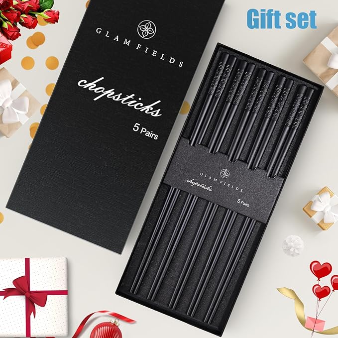 GLAMFIELDS 5 Pairs Premium Chopsticks Reusable Dishwasher Safe 9.5 Inch Fiberglass Chop Sticks Gift Set Non Slip Lightweight Cherry Blossom Pattern