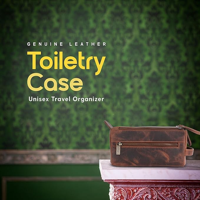 Genuine Leather Travel Toiletry Bag for Men and Womens Makeup Bag Organizer, Grooming and Shaving Essentials- Mens Dopp Kit for Travel - Large Cosmetic Bags for Women - Vintage Tan