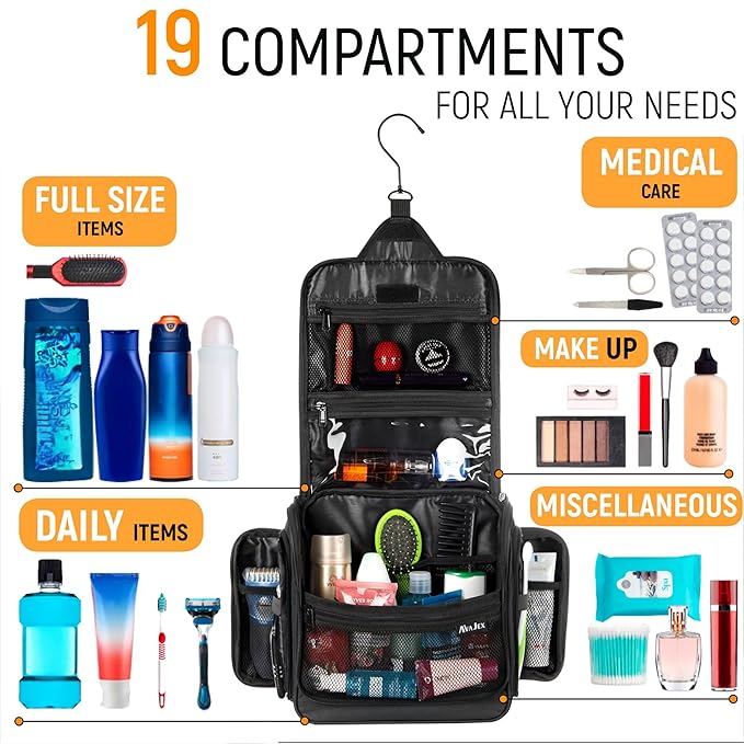 Travel Toiletry Bag for Men and Women - Large Hanging Toiletry Organizer - Waterproof Hygiene Bag with Metal XXL Swivel Hook, with Sturdy Zippers and 19 Compartments for Toiletries, Makeup, Cosmetics